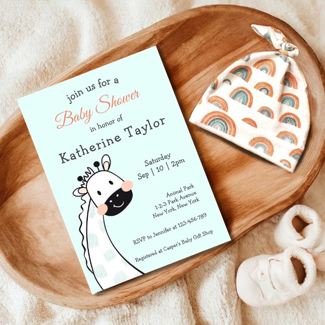 Invitación a Baby Shower azul de jirafa cuta (Cute Giraffe Baby Shower Invitation, Safari Animal Theme)