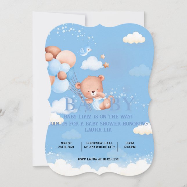 Invitación a Baby Shower AZUL DE OSO TEDDY (Anverso)