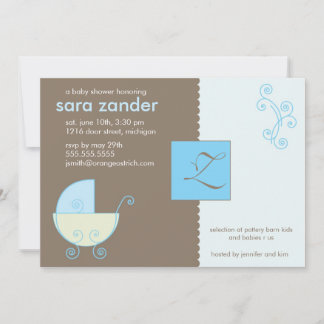 Invitación a Baby Shower azul monograma
