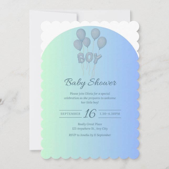 Invitación a Baby Shower azul para bebé lindo con  (Anverso)