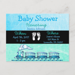 Invitación a Baby Shower azul para el tren Baby Bo