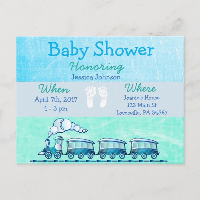 Invitación a Baby Shower azul para el tren Baby Bo (Anverso)
