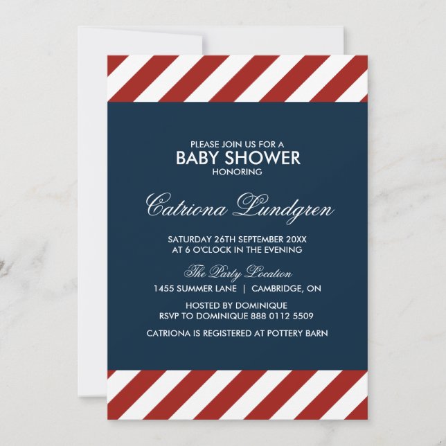 Invitación a Baby Shower azul y rojo (Anverso)