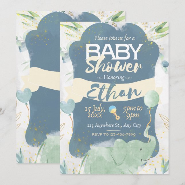Invitación a Baby Shower azul y verde (Anverso / Reverso)