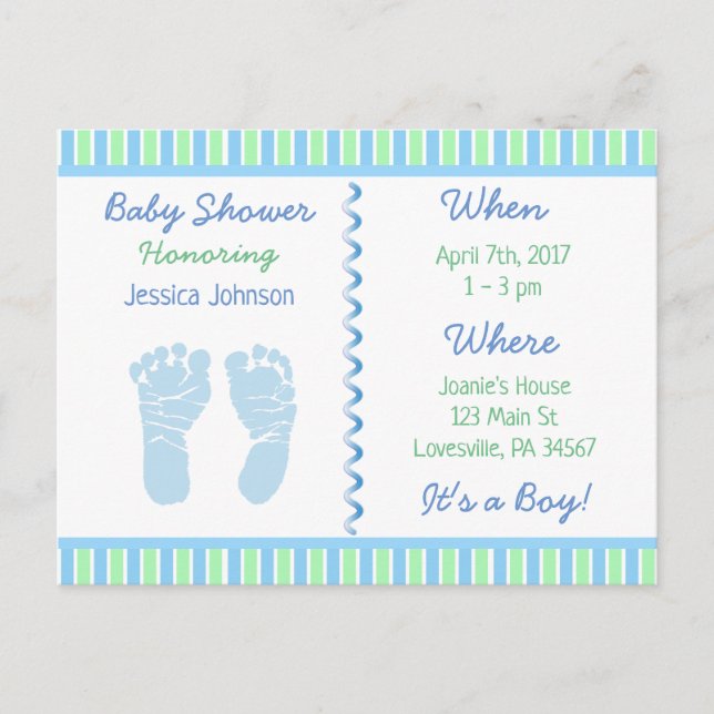 Invitación a Baby Shower azul y verde para bebé (Anverso)