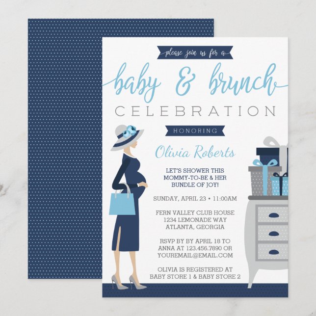 Invitación a Baby Shower Baby & Bruch, Azul, Gris (Anverso / Reverso)