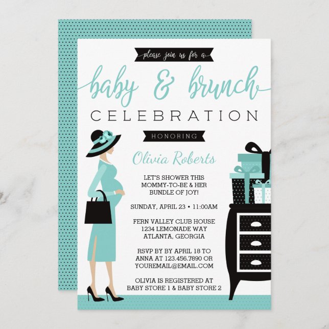 Invitación a Baby Shower Baby & Bruch, Verde azula (Anverso / Reverso)