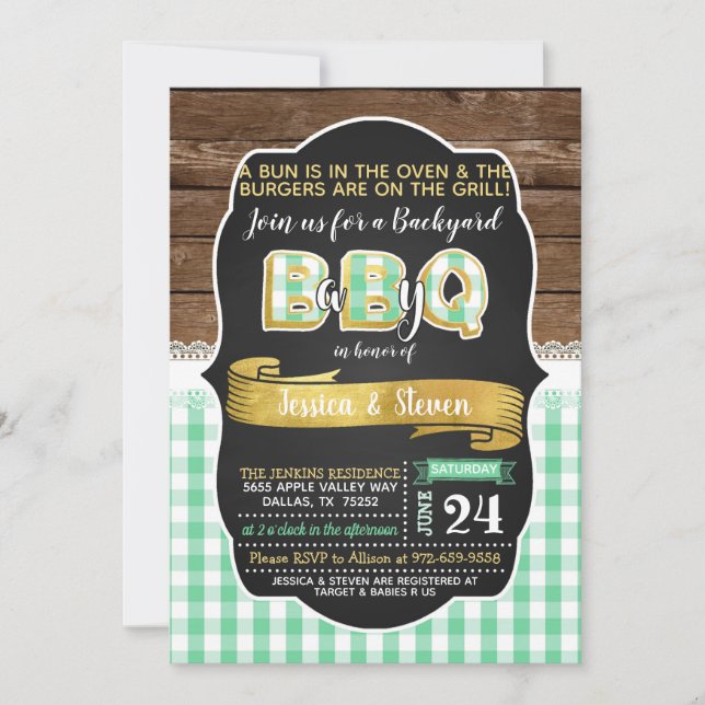Invitación a Baby Shower Baby-Q - Verde/Oro (Anverso)