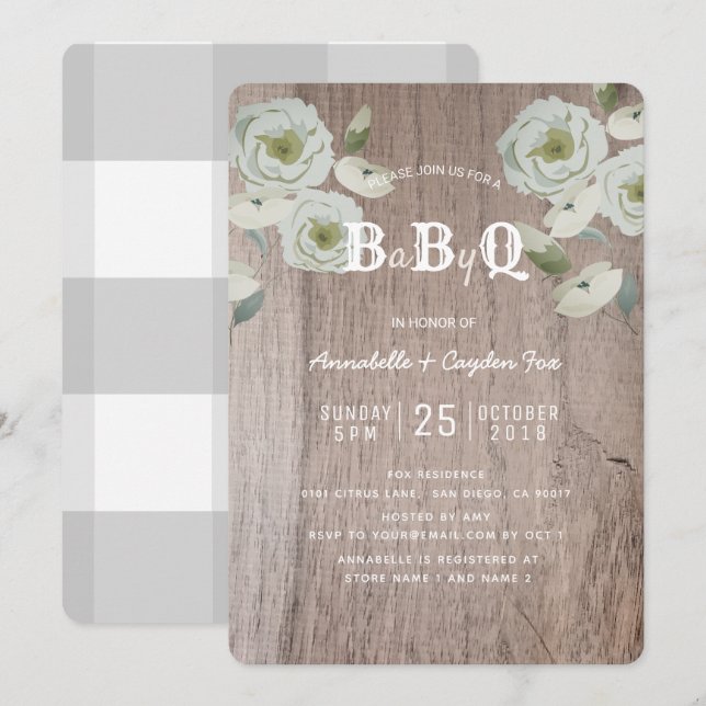 Invitación a Baby Shower BaByQ de rosas y madera (Anverso / Reverso)