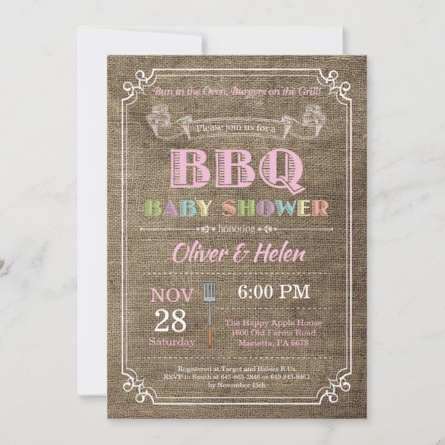 Invitación a Baby Shower BBQ Burlap Rosa (Anverso)