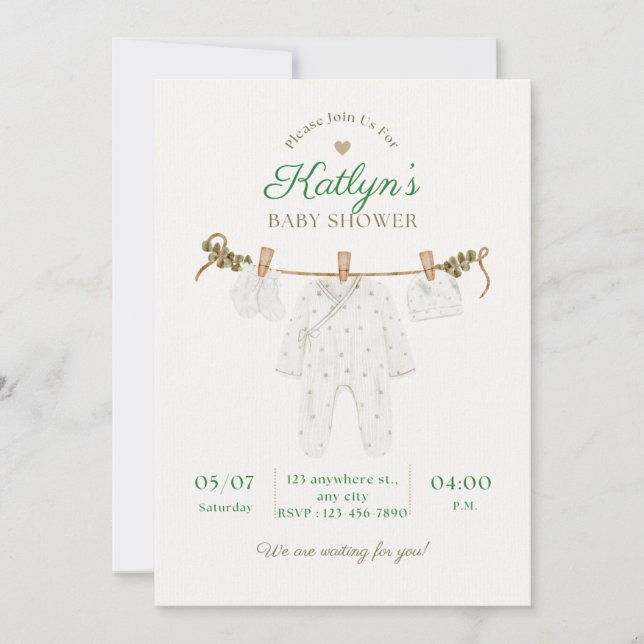Invitación a baby shower beige y verde claro (Anverso)