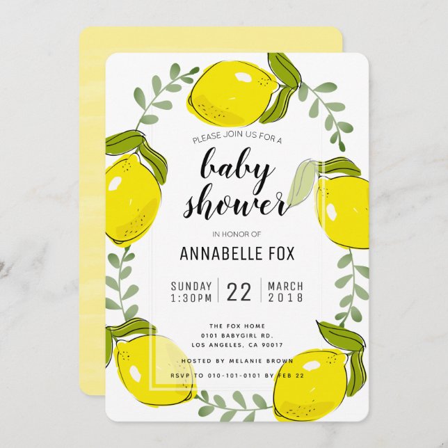 Invitación a Baby Shower blanca de cítricos limone (Anverso / Reverso)