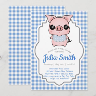 Invitación a Baby Shower Blue Gingham Piggy