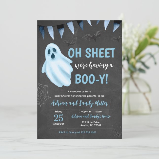 Invitación a Baby Shower Blue Little Boo (Anverso de pie)