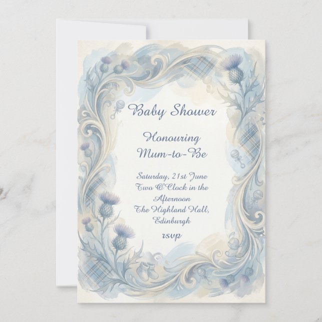 Invitación a baby shower Blue Tartan Thistle (Anverso)