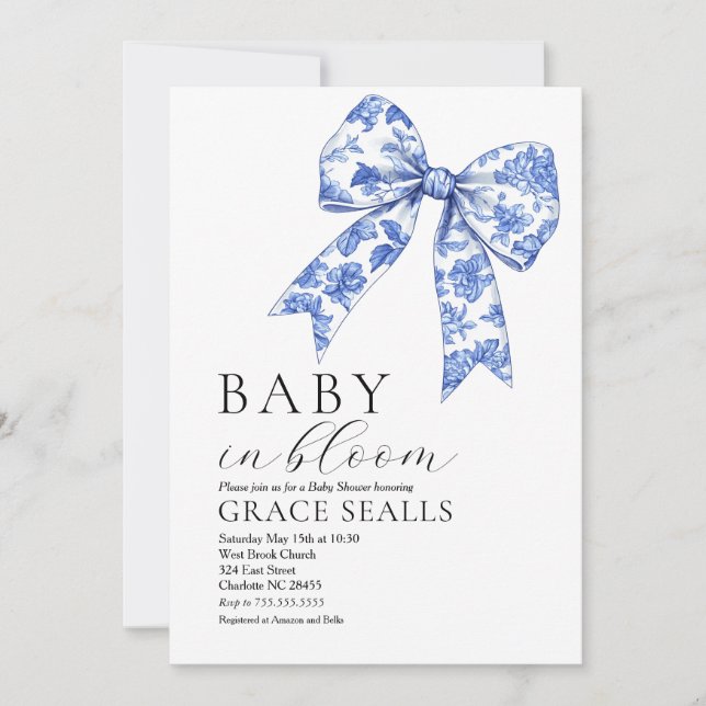 Invitación a Baby Shower Blue Toile Bow (Anverso)