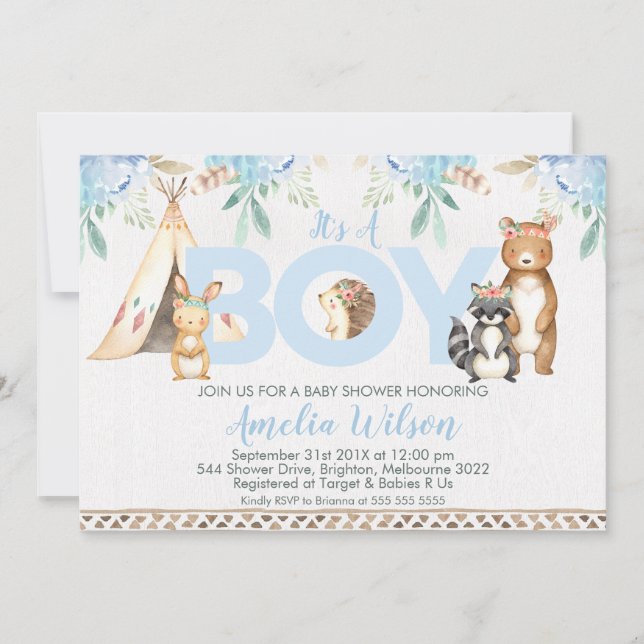 Invitación a Baby Shower Boho Woodland para niños (Anverso)