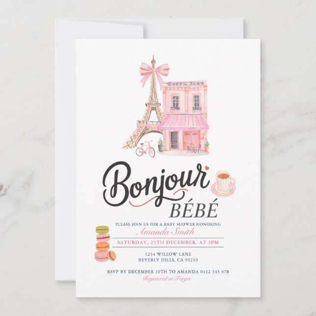 Invitación a Baby Shower Bonjour Rubor Pink French (Anverso)
