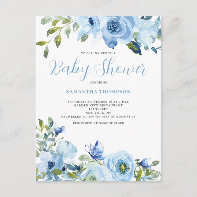 Invitación a Baby Shower botánico con Blue Floral (Anverso)