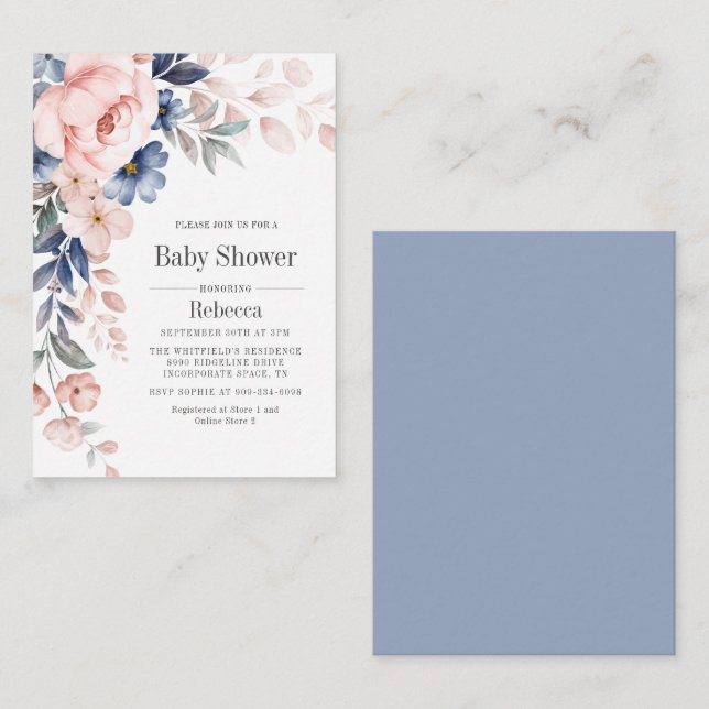 Invitación a Baby Shower botánico con flores rosad (Anverso / Reverso)
