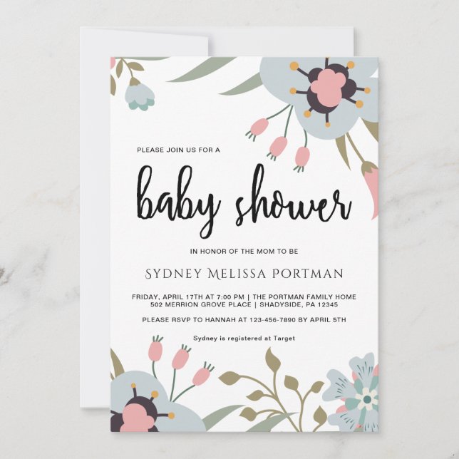 Invitación a Baby Shower botánico de bonito (Anverso)