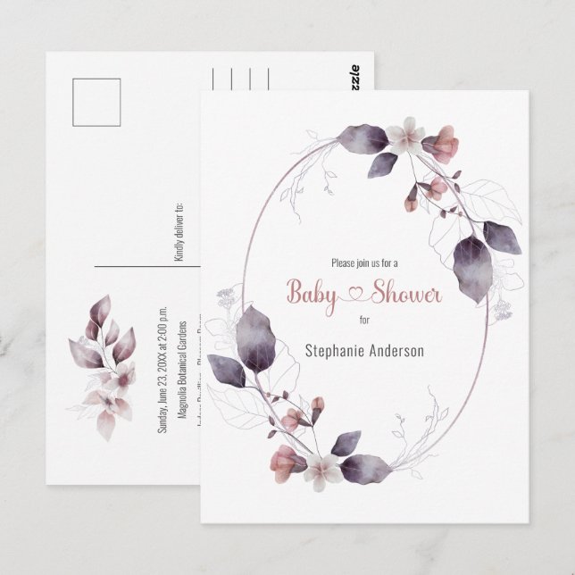 Invitación a Baby Shower botánico de Mauve Rosa Fl (Anverso / Reverso)
