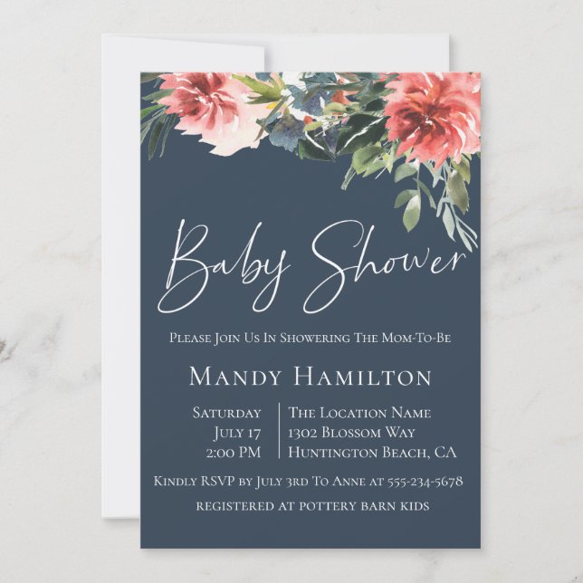 Invitación a Baby Shower botánico de Navy Coral (Anverso)