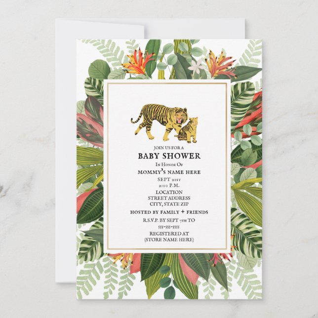 Invitación a Baby Shower botánico Mama Tiger (Anverso)