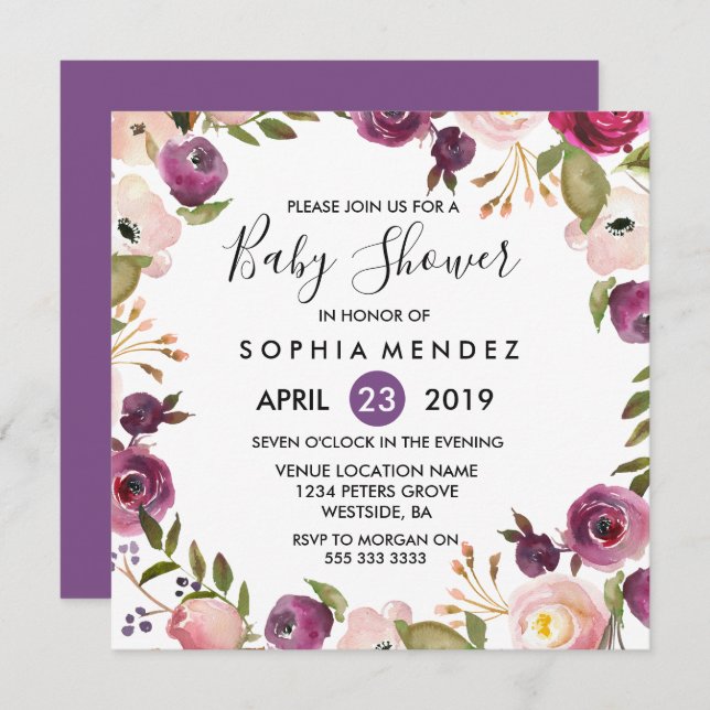 Invitación a Baby Shower botánico rosa morado de b (Anverso / Reverso)