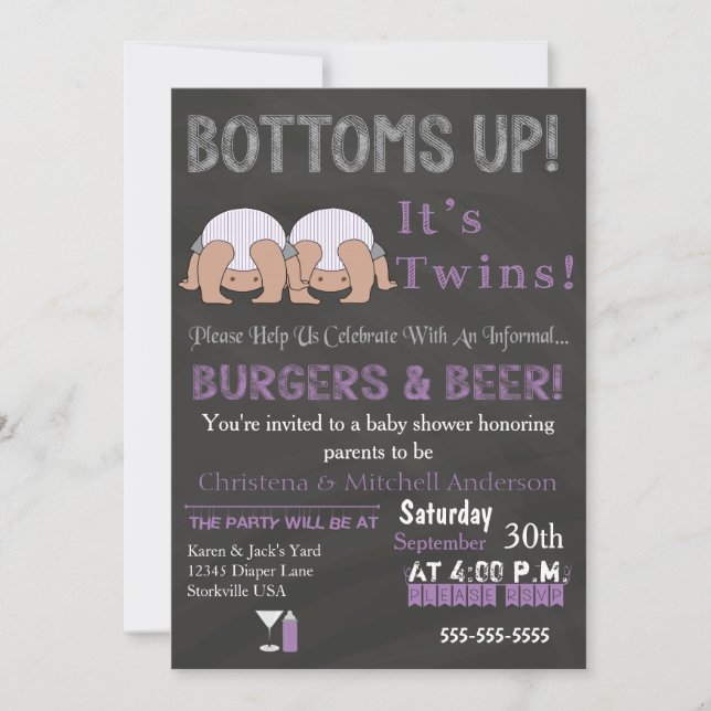 Invitación a Baby Shower Bottoms Up Twins (Anverso)
