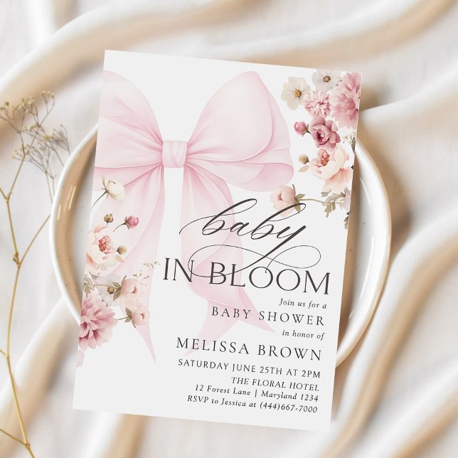 Invitación a Baby Shower Bow Rosa En Bloom (Subido por el creador)