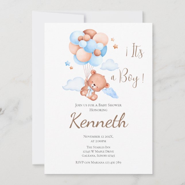 Invitación a Baby Shower Boy de Blue Bear (Anverso)