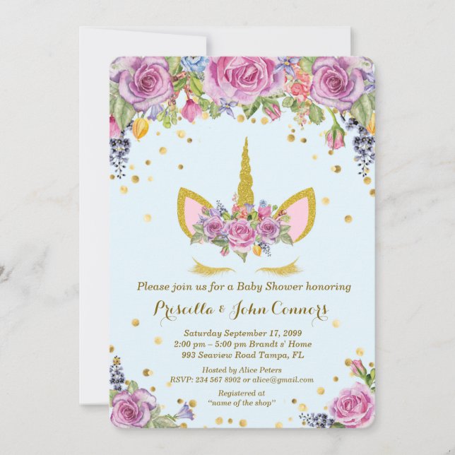 Invitación a Baby Shower Boy Unicorm, flores, azul (Anverso)