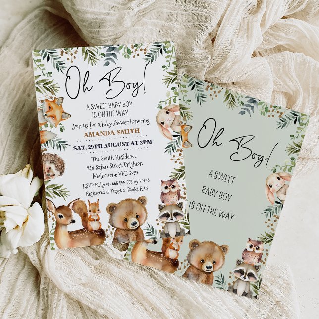 Invitación a Baby Shower Boys Greenery Woodland (Cute woodland baby shower invitation for a boy featuring eight cute woodland animals and foliage.)