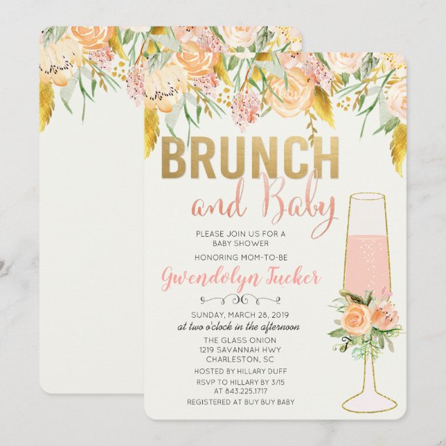 Invitación a Baby Shower Brunch and Bubbly (Anverso / Reverso)