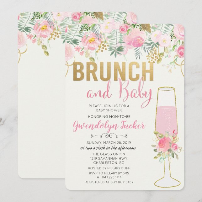Invitación a Baby Shower Brunch and Bubbly (Anverso / Reverso)
