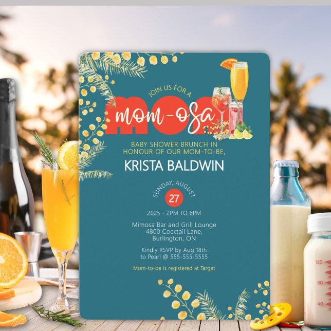 Invitación a Baby Shower Brunch de Mom-osa (Vibrant, bold Mom-osa baby shower invitation celebrating the mom-to-be.)
