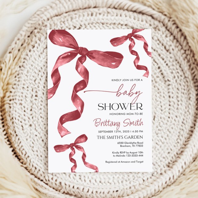 Invitación a Baby Shower Burgundy Bow (Subido por el creador)