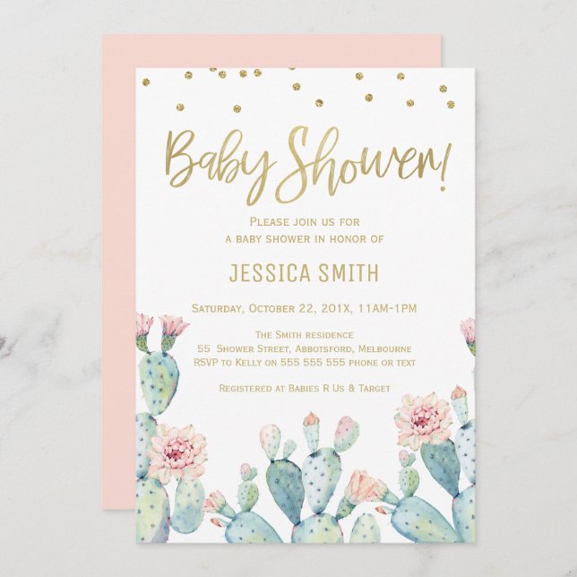 Invitación a Baby Shower Cactus Gold Calligraphy (Anverso / Reverso)