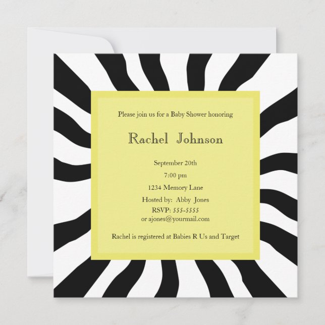Invitación a Baby Shower: cebra y amarillo (Anverso)
