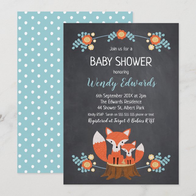 Invitación a Baby Shower Chalkboard Fox para niños (Anverso / Reverso)