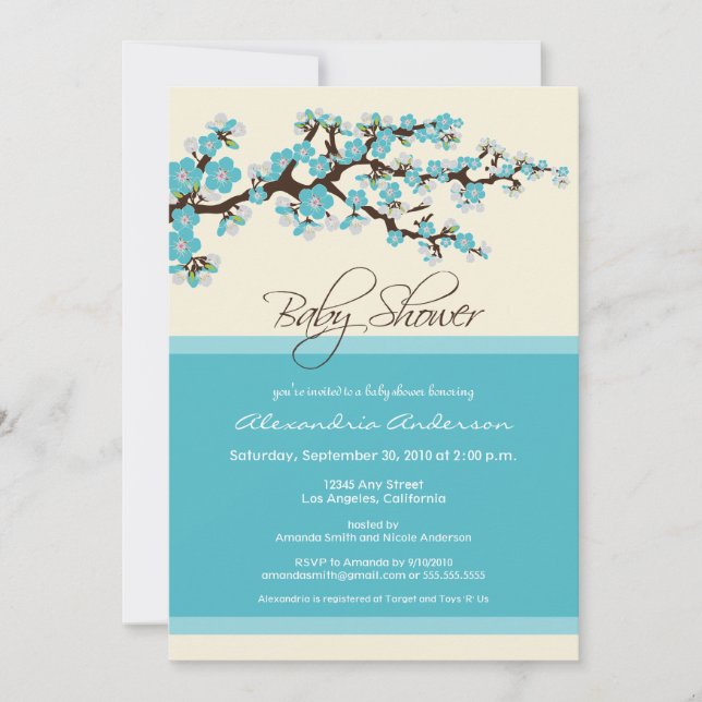 Invitación a Baby Shower Cherry Blossom (aqua) (Anverso)
