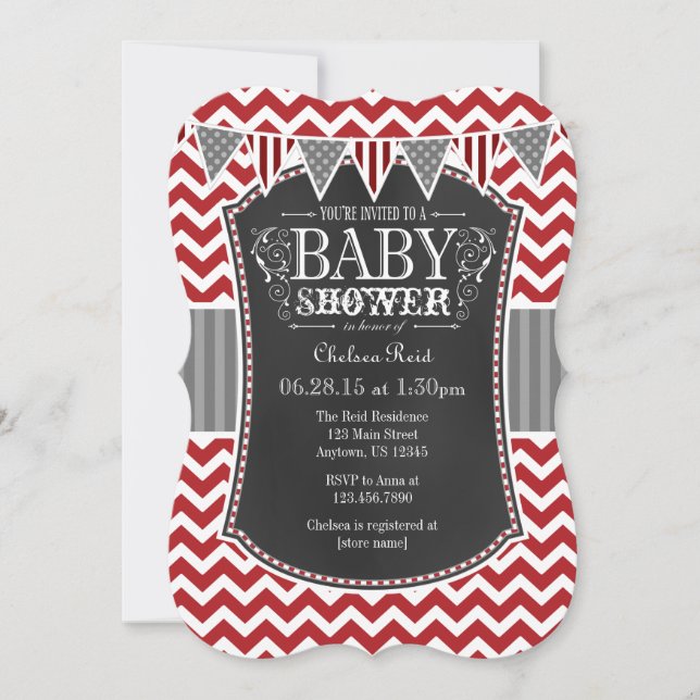 Invitación a Baby Shower Chevron Chalkboard rojo (Anverso)