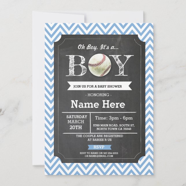 Invitación a Baby Shower Chevron de Béisbol Blue B (Anverso)