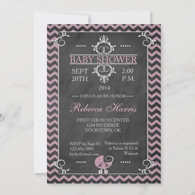 Invitación a Baby Shower Chevron Pink Chalkboard (Anverso)