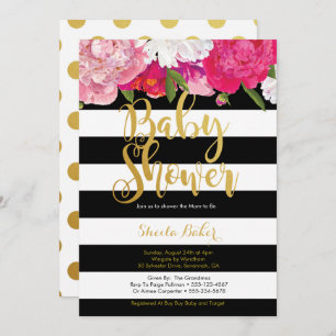 Invitación a Baby Shower Chica - Blanco negro flor