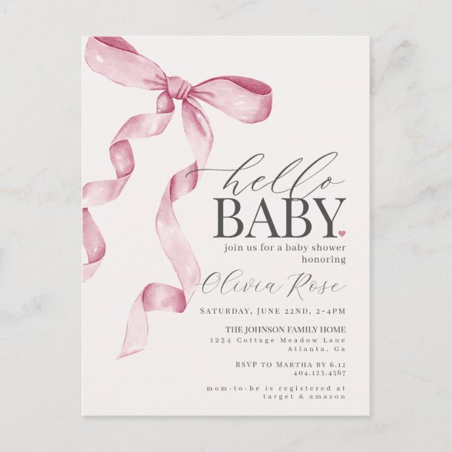 Invitación a Baby Shower Chica de Bow de Coquette  (Anverso)