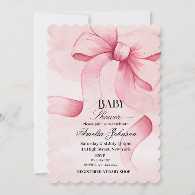 Invitación a Baby Shower Chica de Bow rosa (Anverso)