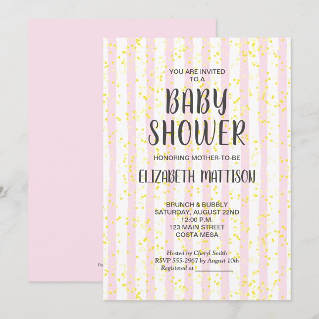 Invitación a Baby Shower Chica de franjas rosadas  (Anverso / Reverso)