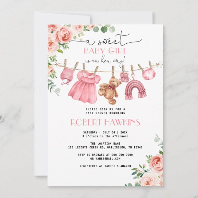 Invitación a Baby Shower Chica de Ropa Floral Rosa (Anverso)